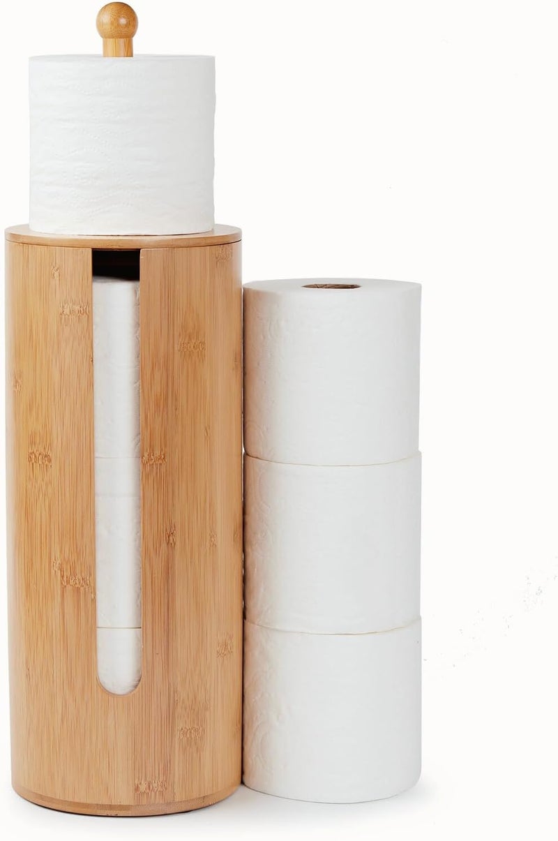 GOBAM Bamboo Toilet Paper Storage with Dual-Use Lid, Freestanding Bathroom Tissue Organizer with Viewing Slot, Built-In Handle, Anti-Slip Base, Compact Toilet Paper Holder Stand for up to 3 Mega Rolls - Image 2